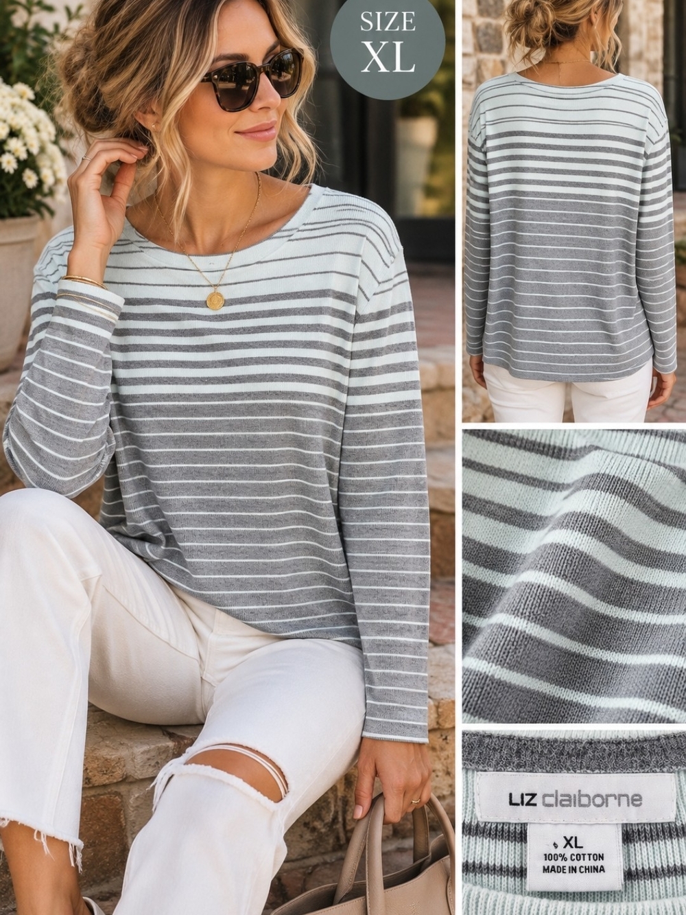 LIZ CLAIBORNE 100% Cotton Mint Green Gray Striped Long Sleeve Tee XL CrewClassic